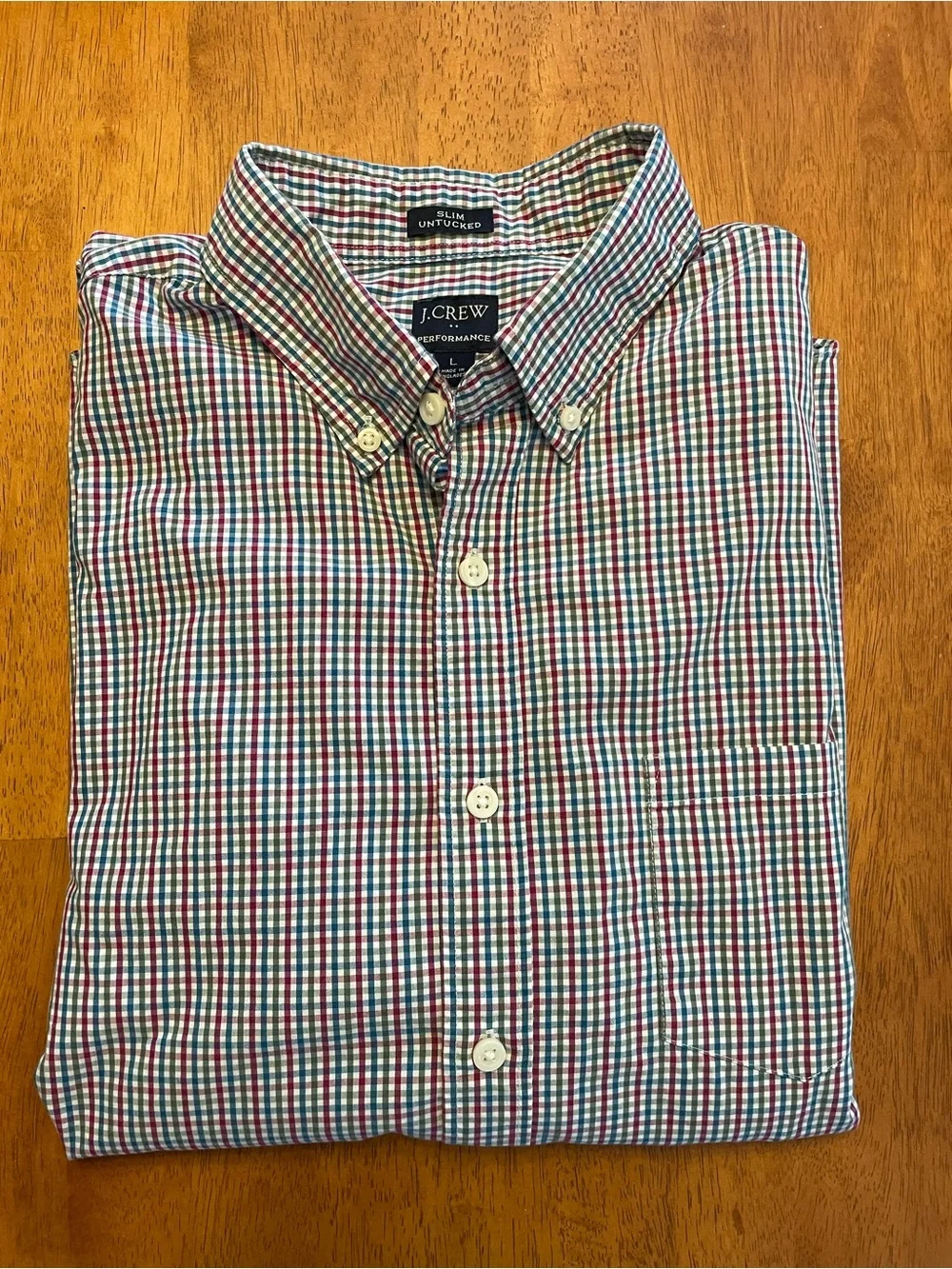 J. Crew Slim Untucked Performance Button-Down in Red, Blue, Green gingham L